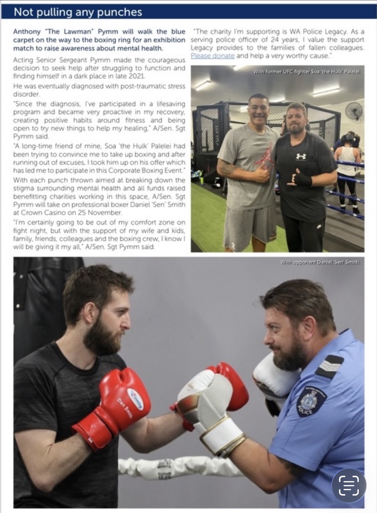 Police News article titled Not pulling any punches about Anthony Pymm's corporate boxing fundraiser